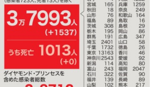 감염 1537 명, 8 도현에서 역대 최다 오키나와는 비상 사태 선언